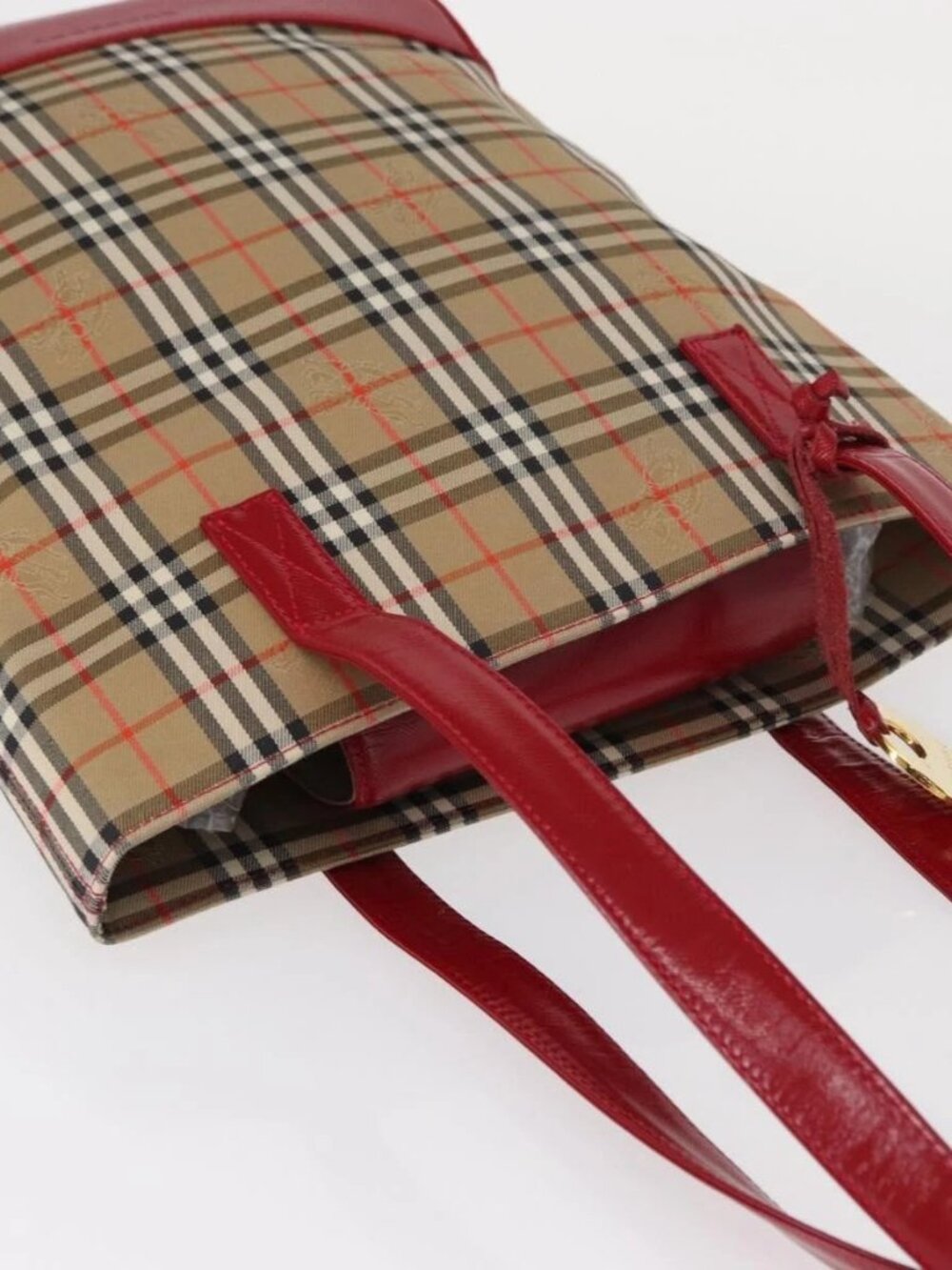 BURBERRY Nova Check Tote Bag Canvas Leather Beige Red gold Auth gh1367 - Picture 7 of 16
